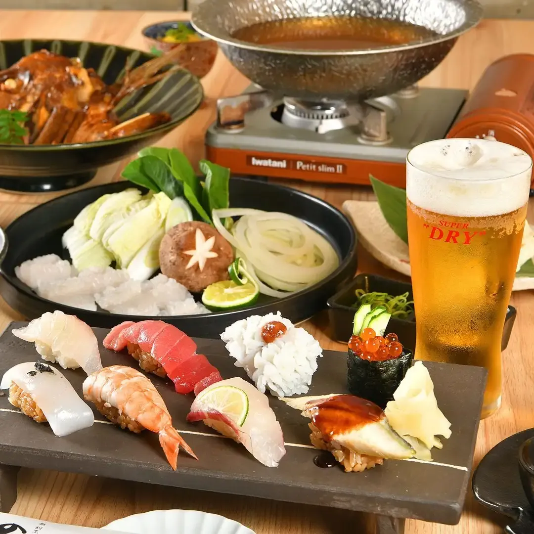 ～飲み放題付～【ランチ限定 特上 コース】天ぷらやてっちり鍋、寿司など 全8品＜接待/会食/記念日＞