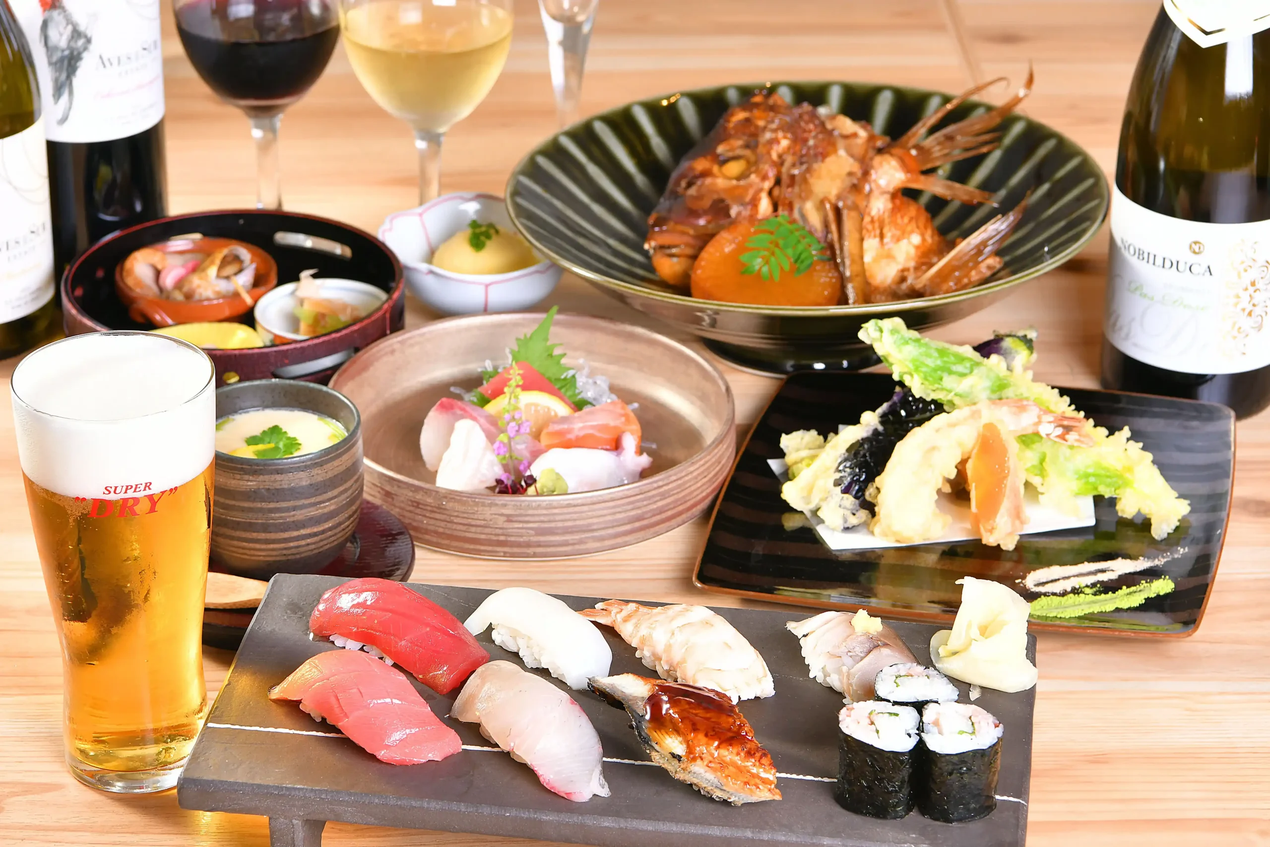 ～飲み放題付～【ランチ限定コース】天ぷらや煮魚、握り寿司など 全7品 